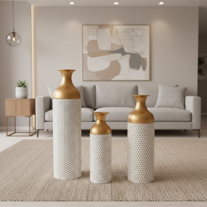 Canne | Mediterranean White and Gold Honeycomb-Textured Wrought Iron Floor Vase - Mediterranean Italian Contemporary Home Decor Furniture