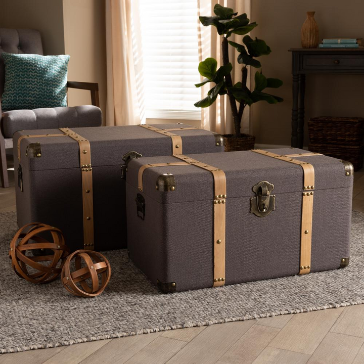 Boho Aesthetic Oak Brown Finished 2-Piece Storage Trunk Set | Biophilic Design Airbnb Decor Furniture 