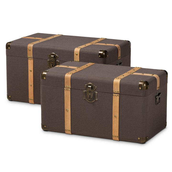 Boho Aesthetic Oak Brown Finished 2-Piece Storage Trunk Set | Biophilic Design Airbnb Decor Furniture 