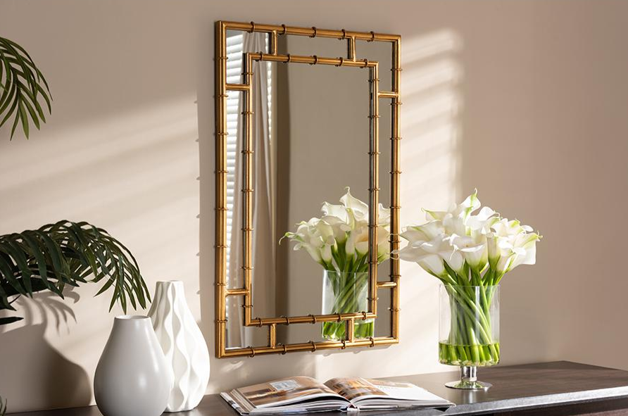 Boho Aesthetic Adra Modern and Contemporary Gold Finished Bamboo Accent Wall Mirror | Biophilic Design Airbnb Decor Furniture 