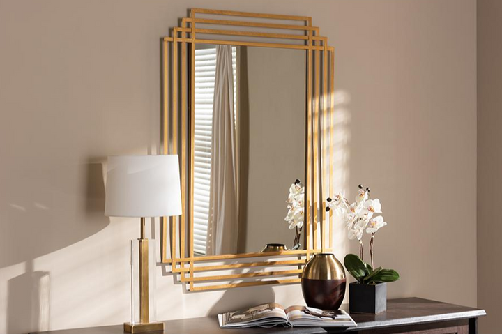 Boho Aesthetic Kalinda Art Deco Antique Gold Finished Rectangular Accent Wall Mirror | Biophilic Design Airbnb Decor Furniture 