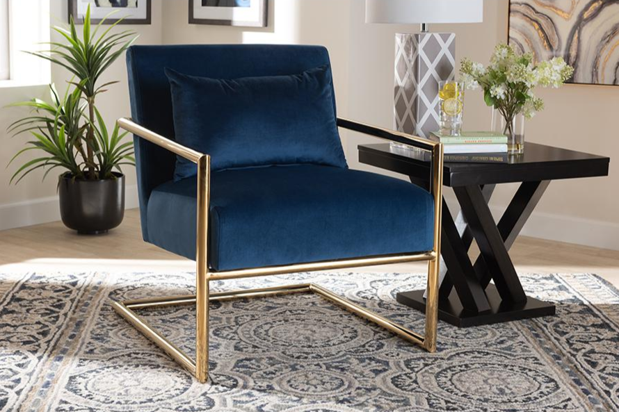 Boho Aesthetic Luxe Navy Blue Velvet Fabric Upholstered Gold Finished Metal Lounge Chair | Biophilic Design Airbnb Decor Furniture 