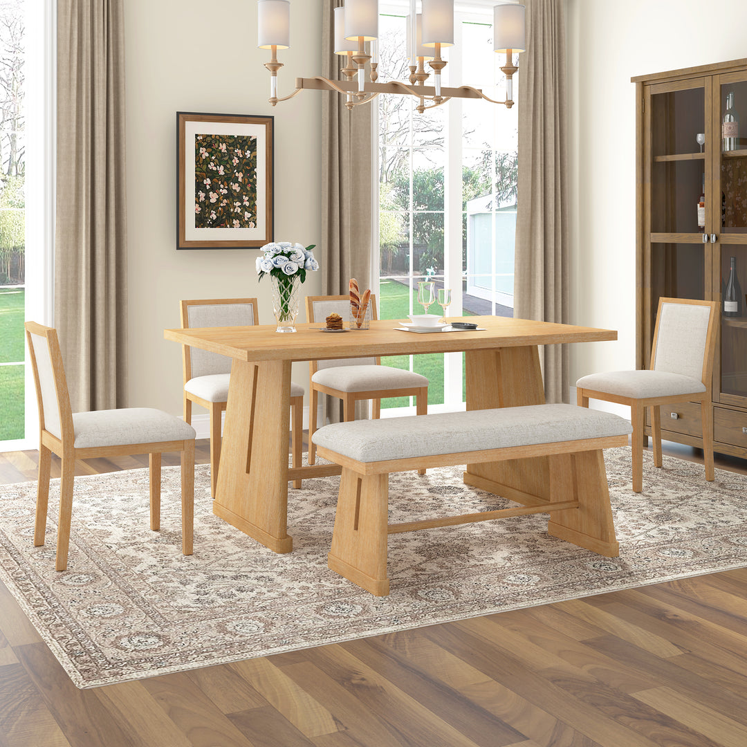 Buy farmhouse furniture Amy Farmhouse Dining Set for 6 | Wire-Brushed Wood Table, 4 Linen Chairs &amp; Bench - Modern Cottage Farmhouse Furniture