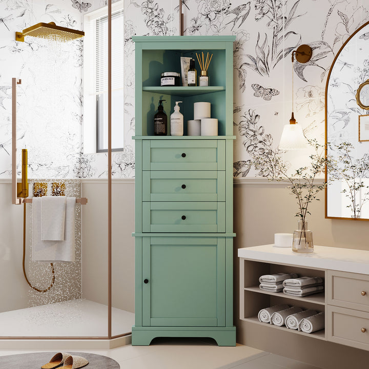 Buy farmhouse furniture Sage Green FarmhouseTall Cabinet With 3 Drawers And Adjustable Shelves For Bathroom, Kitchen Or Living Room - Modern Cottage Farmhouse Furniture