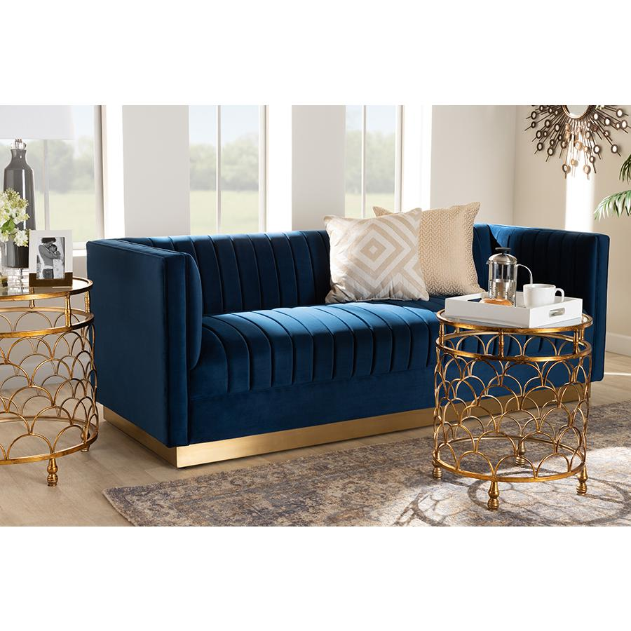 Boho Aesthetic Glam and Luxe Navy Blue Velvet Fabric Upholstered Brushed Gold Finished Sofa | Biophilic Design Airbnb Decor Furniture 