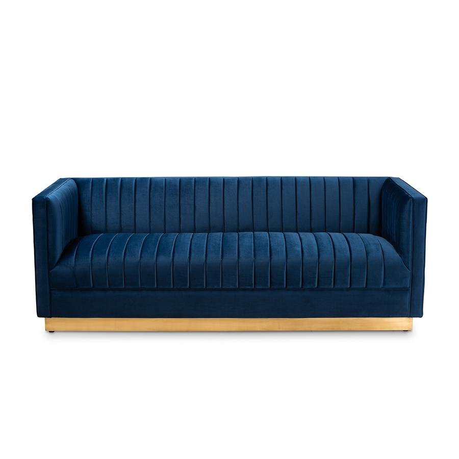 Boho Aesthetic Glam and Luxe Navy Blue Velvet Fabric Upholstered Brushed Gold Finished Sofa | Biophilic Design Airbnb Decor Furniture 
