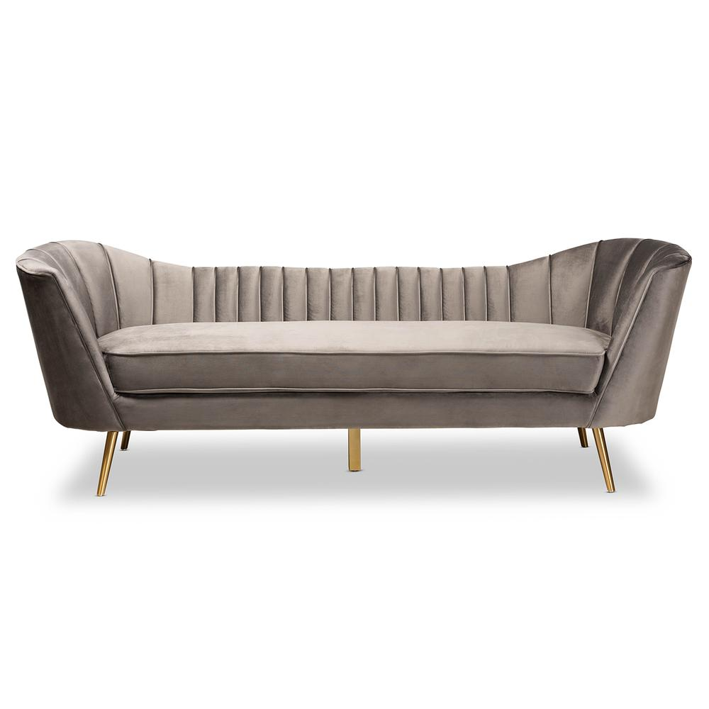 Boho Aesthetic Glam and Luxe Grey Velvet Fabric Upholstered and Gold Finished Sofa | Biophilic Design Airbnb Decor Furniture 