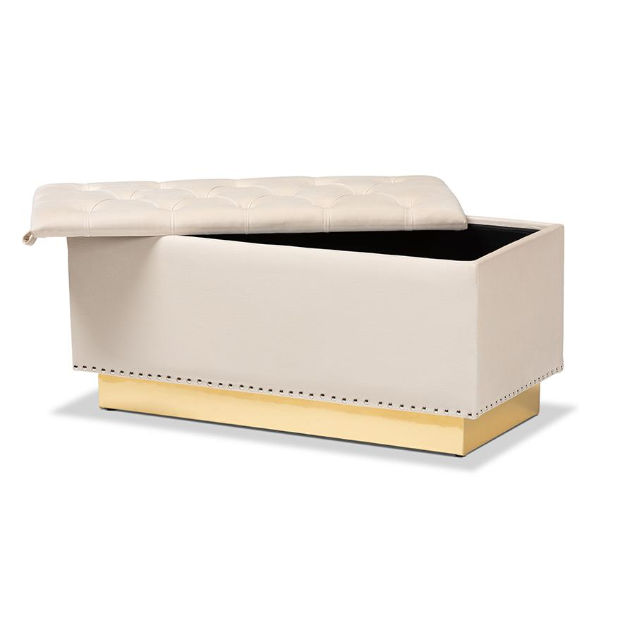Boho Aesthetic White Gold PU Modern Luxury Leather Storage Ottoman Bench | Biophilic Design Airbnb Decor Furniture 