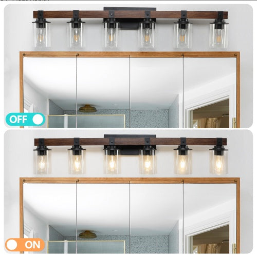 42 Inch Rustic 6-Light Vanity Light, Industrial Bathroom Wall Sconce With Glass Shades And Wood Accent, Modern Farmhouse Lighting Fixture No Bulbs - Mediterranean Italian Contemporary Home Decor Furniture