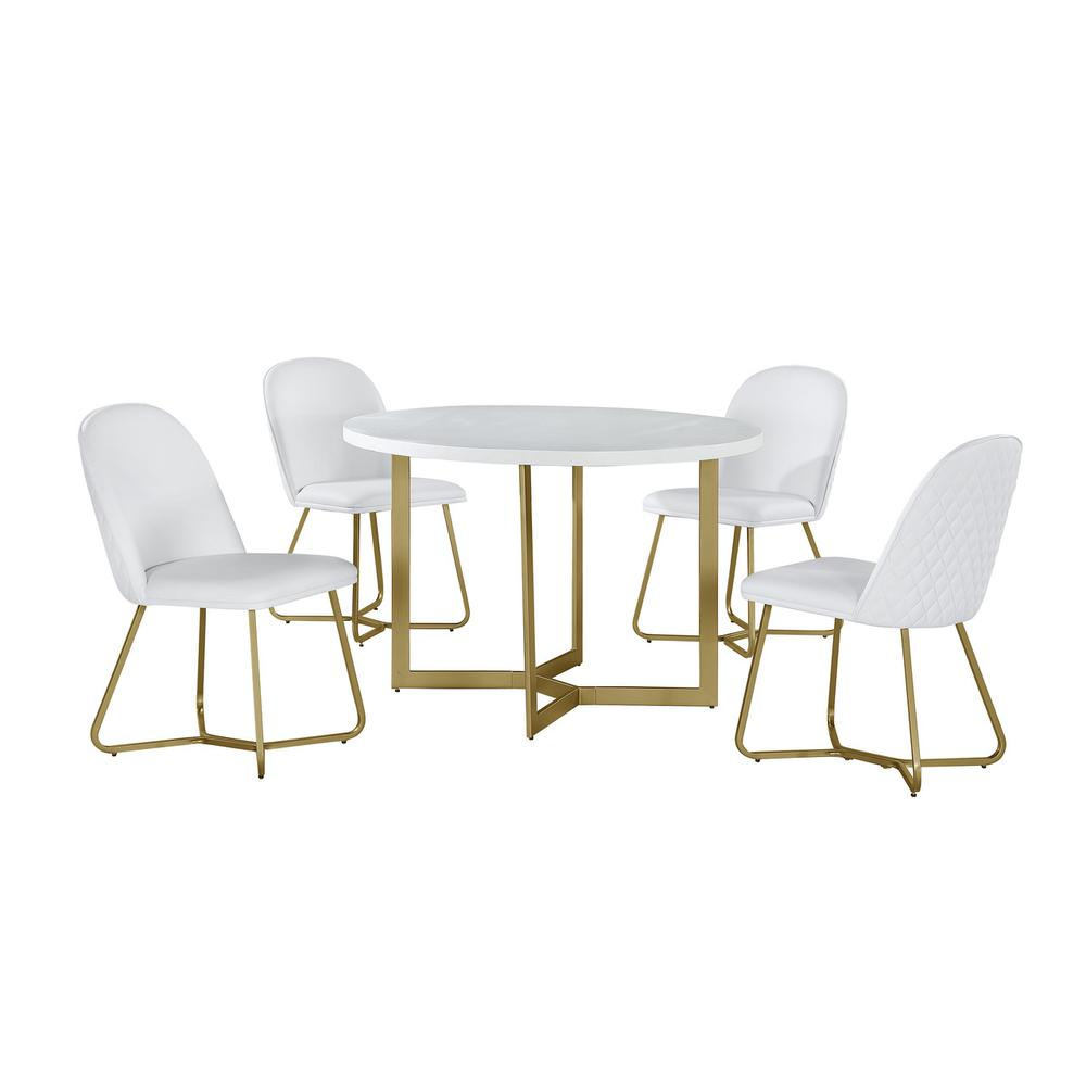 Boho Aesthetic 5pc round dining set- White wood table w/ gold base and 4 White faux leather side chairs | Biophilic Design Airbnb Decor Furniture 