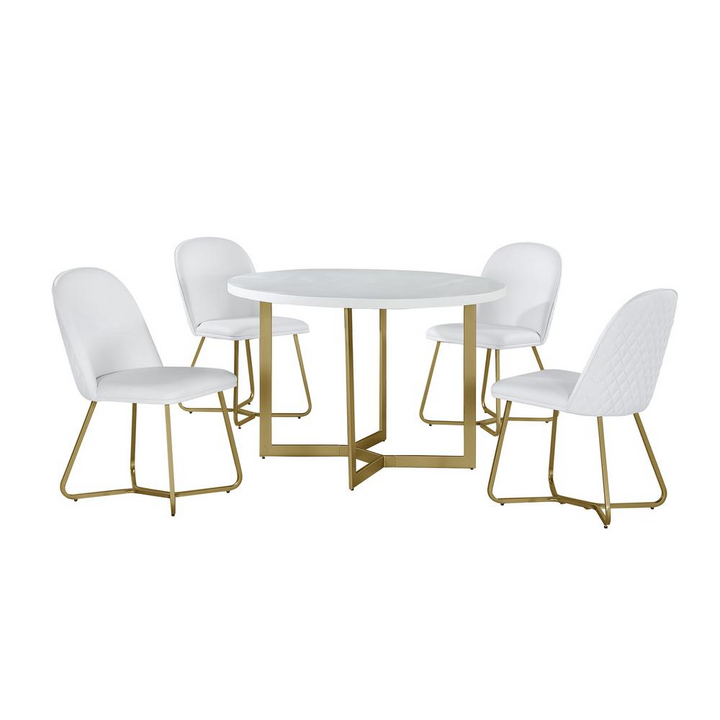 Boho Aesthetic 5pc round dining set- White wood table w/ gold base and 4 White faux leather side chairs | Biophilic Design Airbnb Decor Furniture 