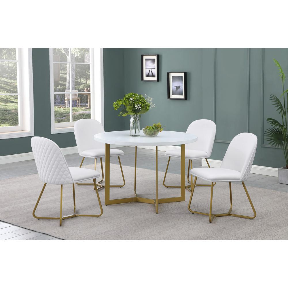 Boho Aesthetic 5pc round dining set- White wood table w/ gold base and 4 White faux leather side chairs | Biophilic Design Airbnb Decor Furniture 