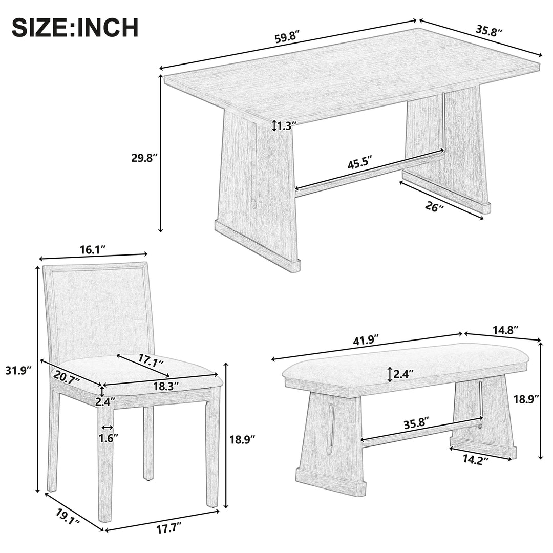 Buy farmhouse furniture Amy Farmhouse Dining Set for 6 | Wire-Brushed Wood Table, 4 Linen Chairs &amp; Bench - Modern Cottage Farmhouse Furniture