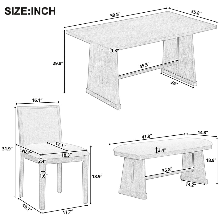 Buy farmhouse furniture Amy Farmhouse Dining Set for 6 | Wire-Brushed Wood Table, 4 Linen Chairs &amp; Bench - Modern Cottage Farmhouse Furniture