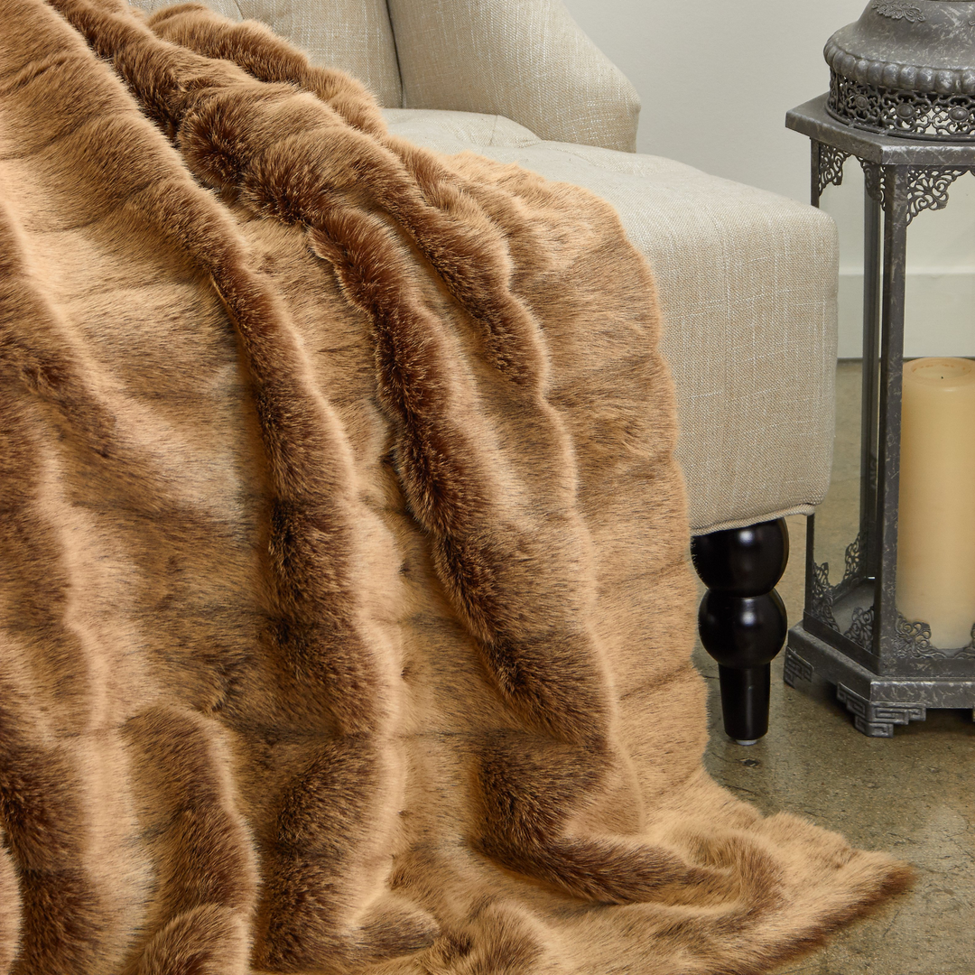 Boho Aesthetic Frost Mink Light Brown Faux Fur Luxury Throw | Biophilic Design Airbnb Decor Furniture 