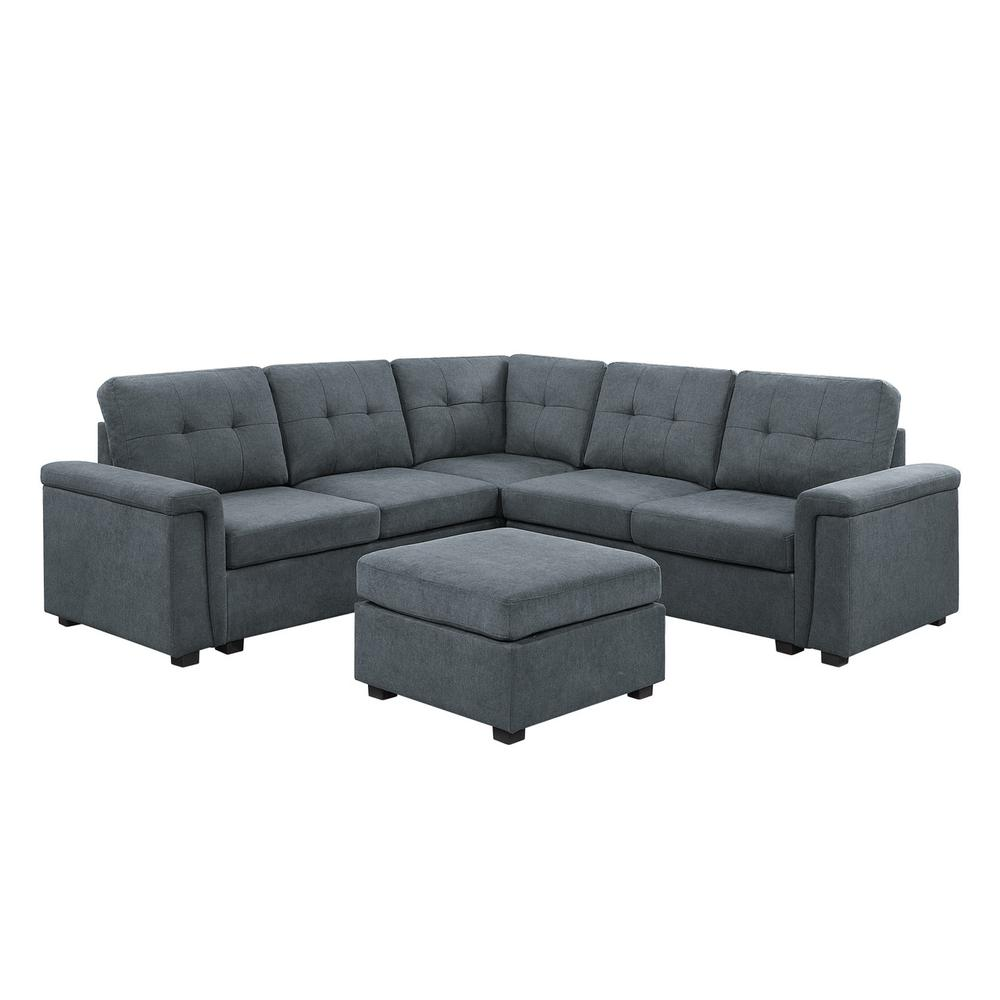 Boho Aesthetic Isla Gray Woven Fabric 6-Seater Sectional Sofa with Ottoman | Biophilic Design Airbnb Decor Furniture 