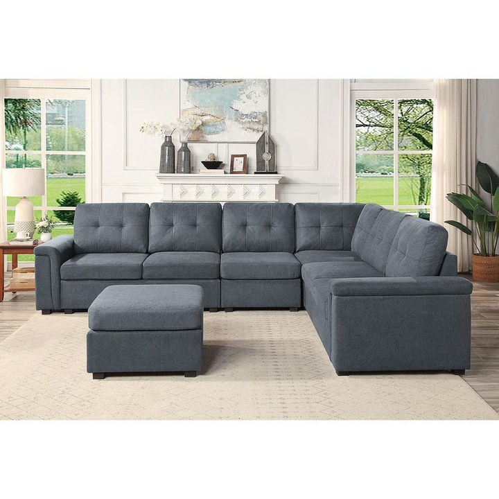 Boho Aesthetic Isla Gray Woven Fabric 7-Seater Sectional Sofa with Ottoman | Biophilic Design Airbnb Decor Furniture 