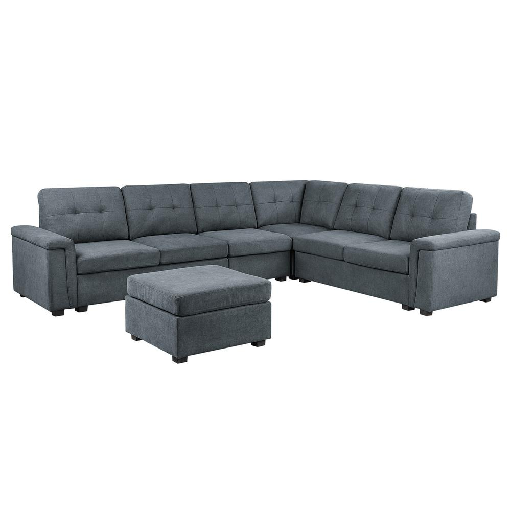 Boho Aesthetic Isla Gray Woven Fabric 7-Seater Sectional Sofa with Ottoman | Biophilic Design Airbnb Decor Furniture 