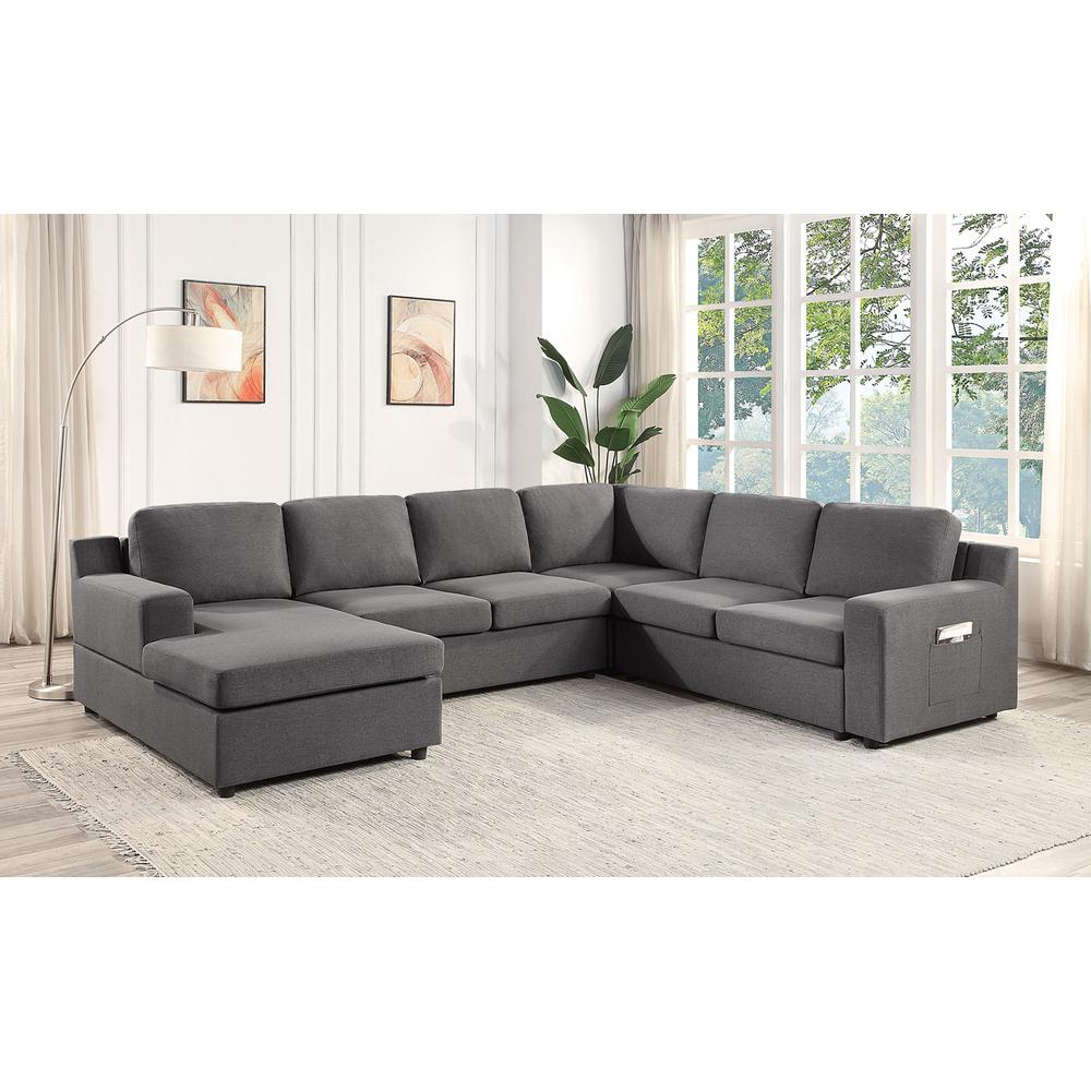 Boho Aesthetic Argenteuil | Gray Linen 6-Seater U-Shape Sectional Sofa Chaise and Pocket | Biophilic Design Airbnb Decor Furniture 