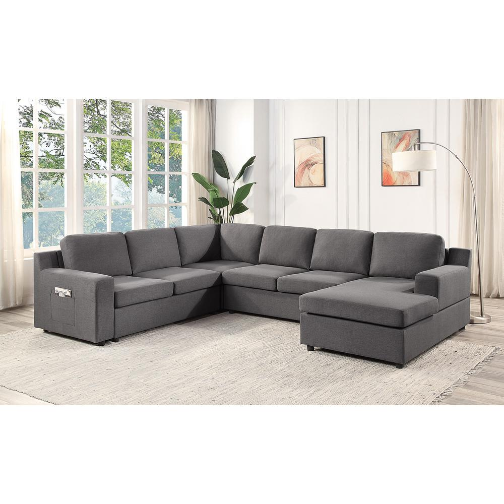 Boho Aesthetic Argenteuil | Gray Linen, 6-Seater U-Shape Sectional Sofa Chaise | Biophilic Design Airbnb Decor Furniture 