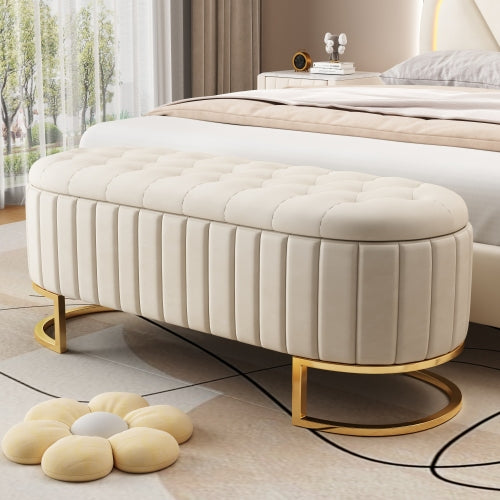 The Marbella Mediterranean Farmhouse Button-Tufted Velvet Storage Ottoman Bench – Beige Upholstered Bench Seat with Metal Legs - Mediterranean Italian Contemporary Home Decor Furniture
