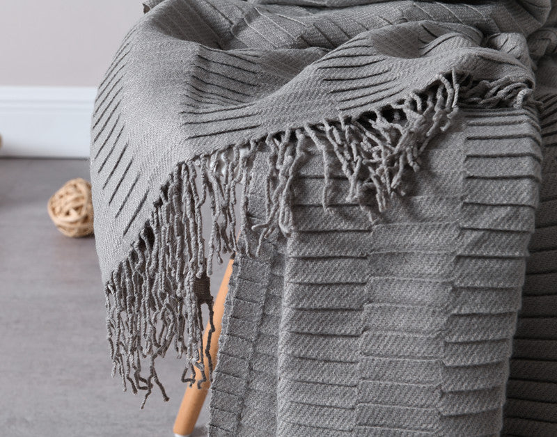 Buy farmhouse furniture Beige Textured Modern Farmhouse Tassel Throw Blanket - Modern Cottage Farmhouse Furniture
