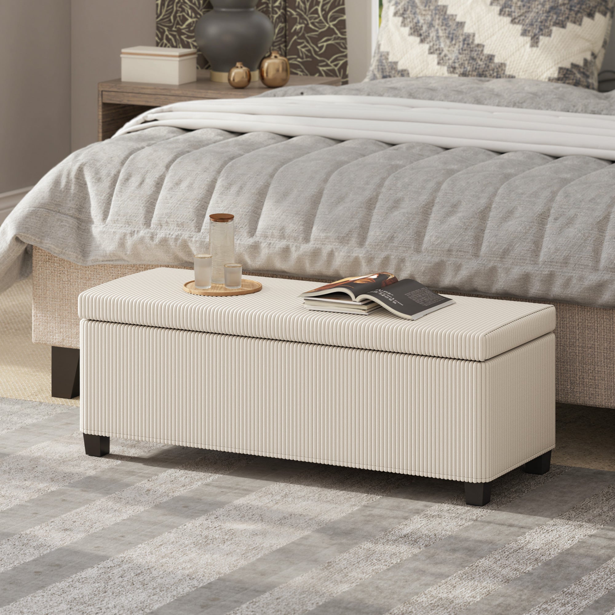 Beige Mediterranean Modern Large Bed Ottoman With Storage - Mediterranean Italian Contemporary Home Decor Furniture