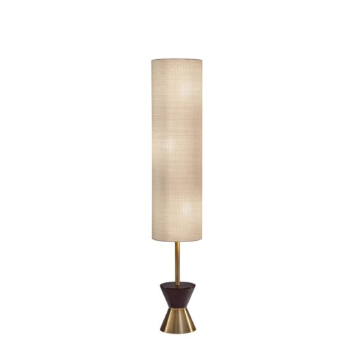 Boho Aesthetic Brass And Wood Textured Cylinder Beige Floor Lamp | Biophilic Design Airbnb Decor Furniture 