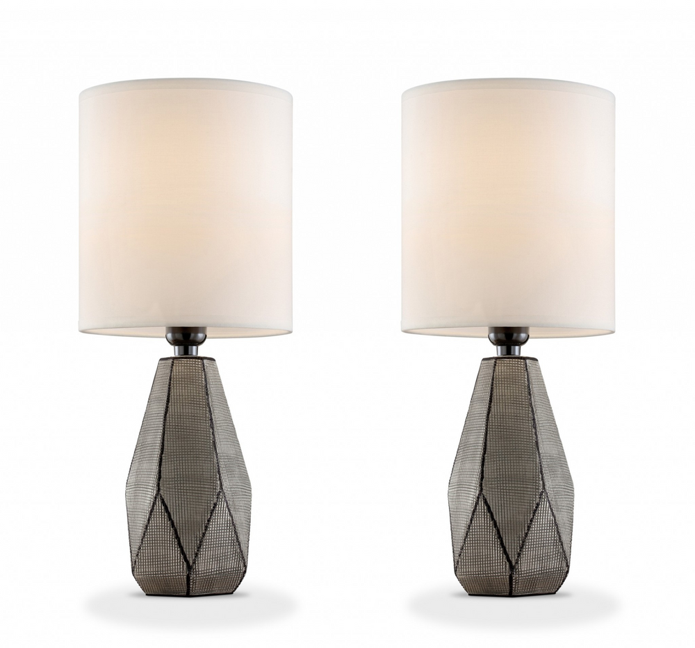 Boho Aesthetic Modern Mid Century Minimalist Gray 2 pc Ceramic Bedside Table Lamp Set of 2 With White Shade | Biophilic Design Airbnb Decor Furniture 