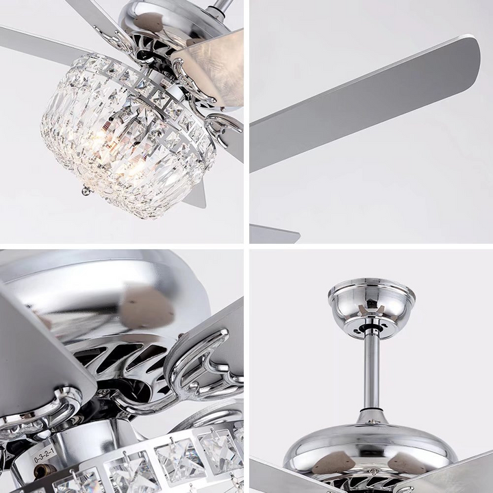 Boho Aesthetic Silver And Faux Crystal Mod Chandelier Ceiling Fan | Biophilic Design Airbnb Decor Furniture 
