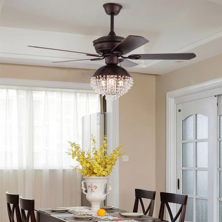 Boho Aesthetic Antiqued Brown and Faux Crystal Chandelier Ceiling Fan | Biophilic Design Airbnb Decor Furniture 