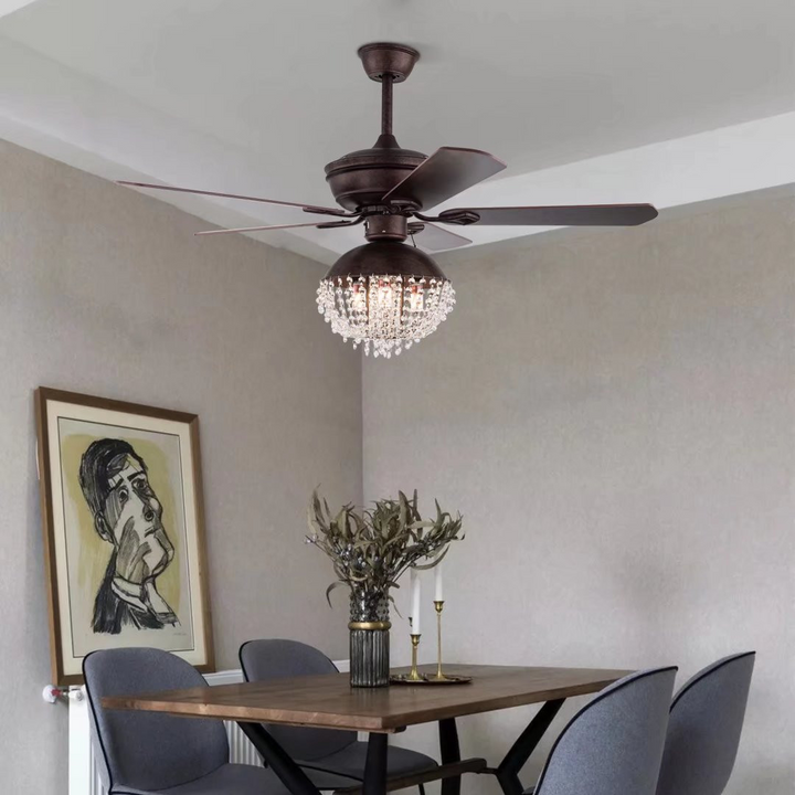 Boho Aesthetic Antiqued Brown and Faux Crystal Chandelier Ceiling Fan | Biophilic Design Airbnb Decor Furniture 