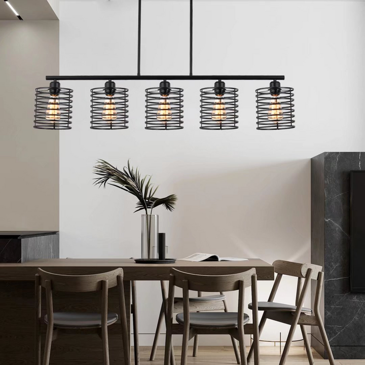 Boho Aesthetic Industrial Black Cage Five Light Metal Pendant Chandelier Fixture | Biophilic Design Airbnb Decor Furniture 