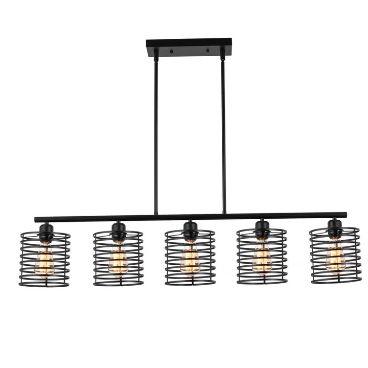 Boho Aesthetic Industrial Black Cage Five Light Metal Pendant Chandelier Fixture | Biophilic Design Airbnb Decor Furniture 
