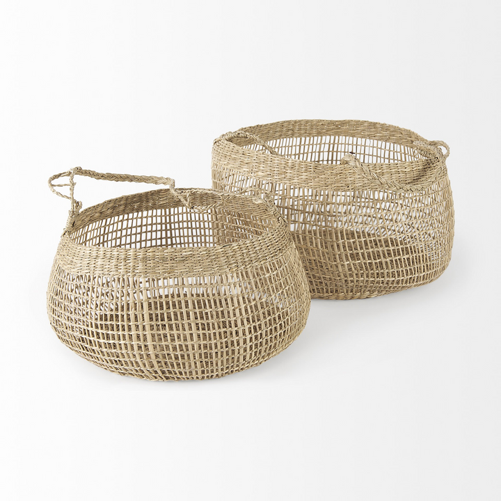 Boho Aesthetic Biophilic Design Set Of Two Wicker Storage Baskets With Long Handles | Biophilic Design Airbnb Decor Furniture 