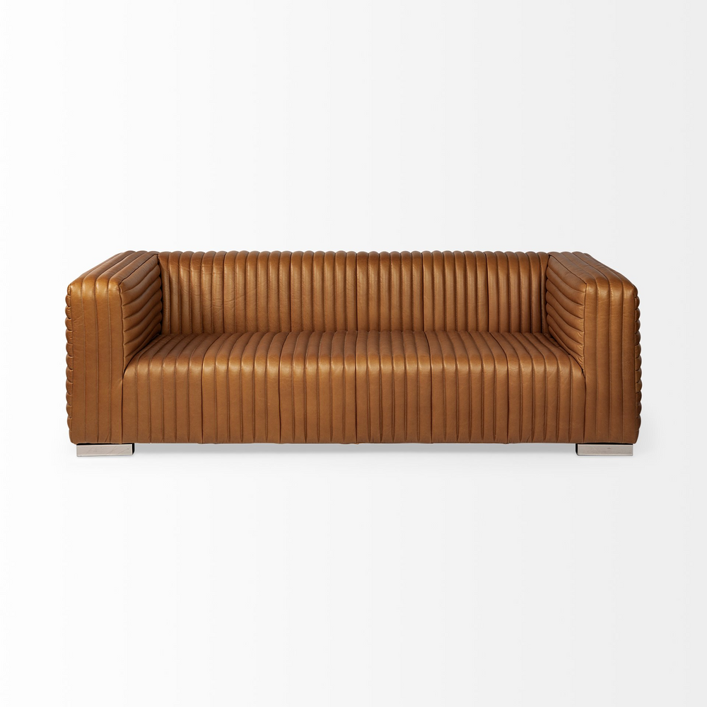 Boho Aesthetic "Cognac Leather Wrapped Three Seater Sofa" | Biophilic Design Airbnb Decor Furniture 
