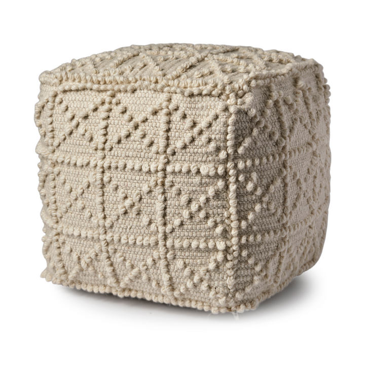 Boho Aesthetic Ivory Wool Textured Square Hand Woven Pouf Ottoman | Biophilic Design Airbnb Decor Furniture 