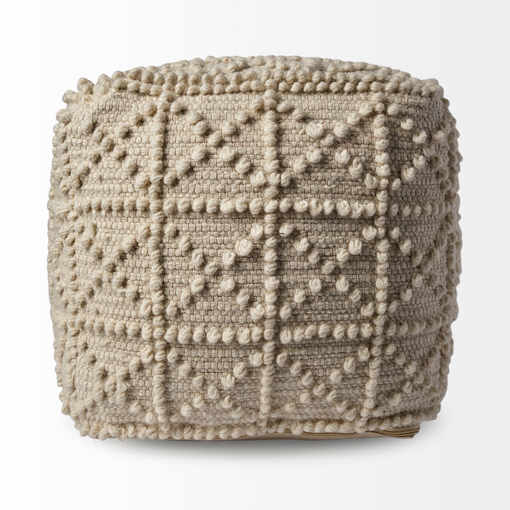 Boho Aesthetic Ivory Wool Textured Square Hand Woven Pouf Ottoman | Biophilic Design Airbnb Decor Furniture 