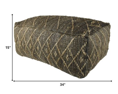 Boho Aesthetic Black Hemp Textured Rectangle Pouf Ottoman | Biophilic Design Airbnb Decor Furniture 