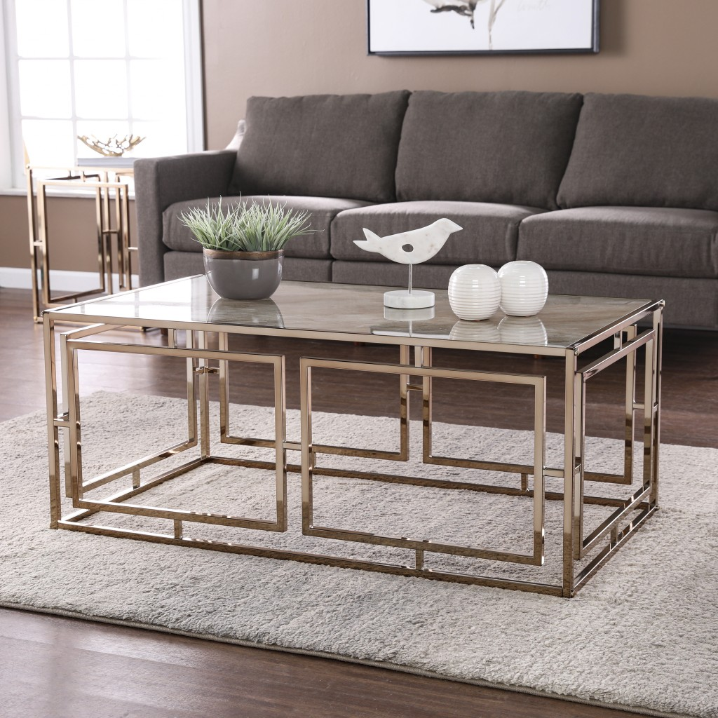 Boho Aesthetic "44"" Champagne Glass And Metal Rectangular Coffee Table" | Biophilic Design Airbnb Decor Furniture 