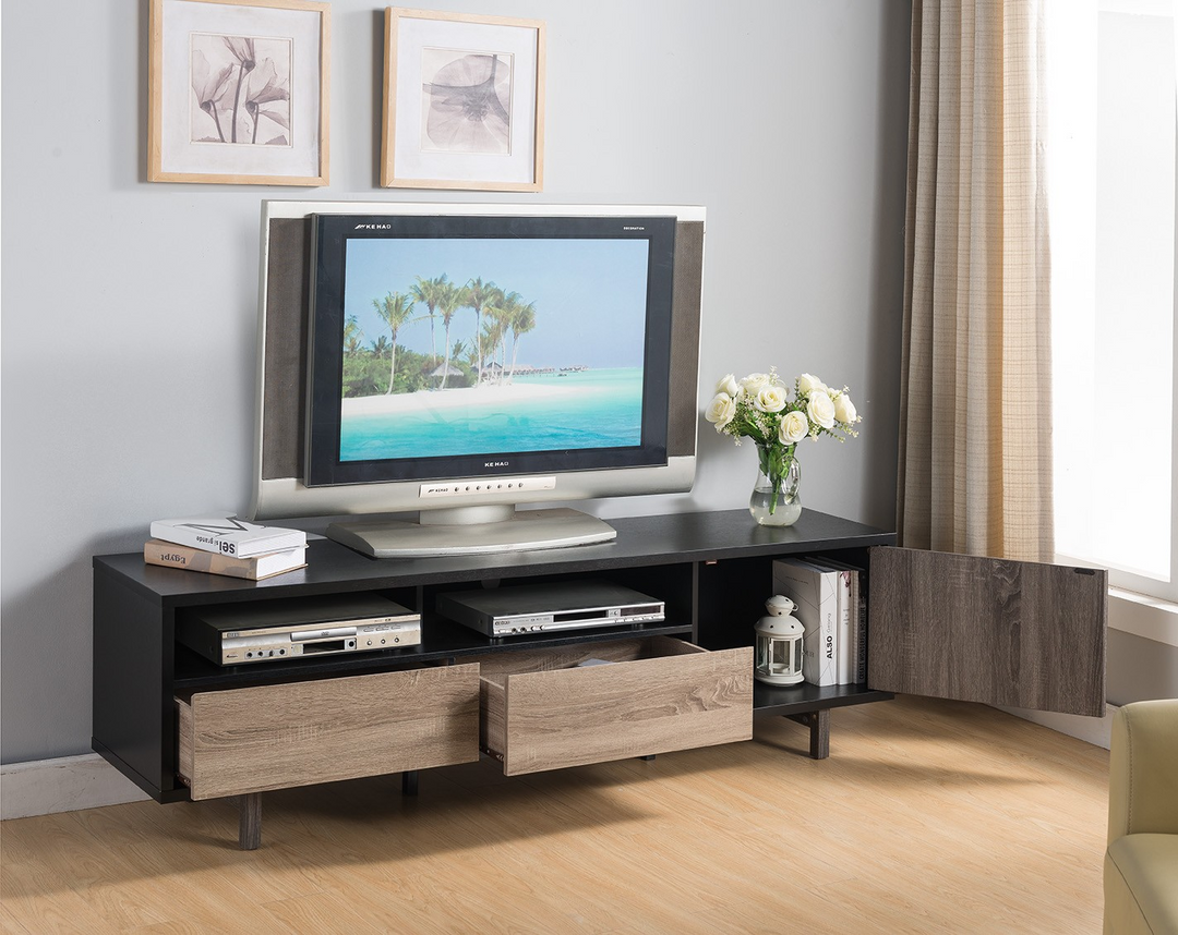 Boho Aesthetic "71"" Brown And Black Particle Board And Mdf Cabinet Enclosed Storage TV Stand" | Biophilic Design Airbnb Decor Furniture 
