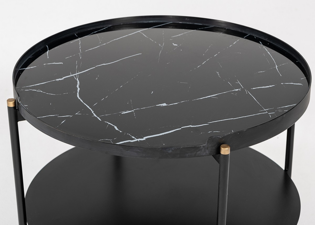 Boho Aesthetic "Modern Black Marble Painted Round Metal Coffee Table" | Biophilic Design Airbnb Decor Furniture 