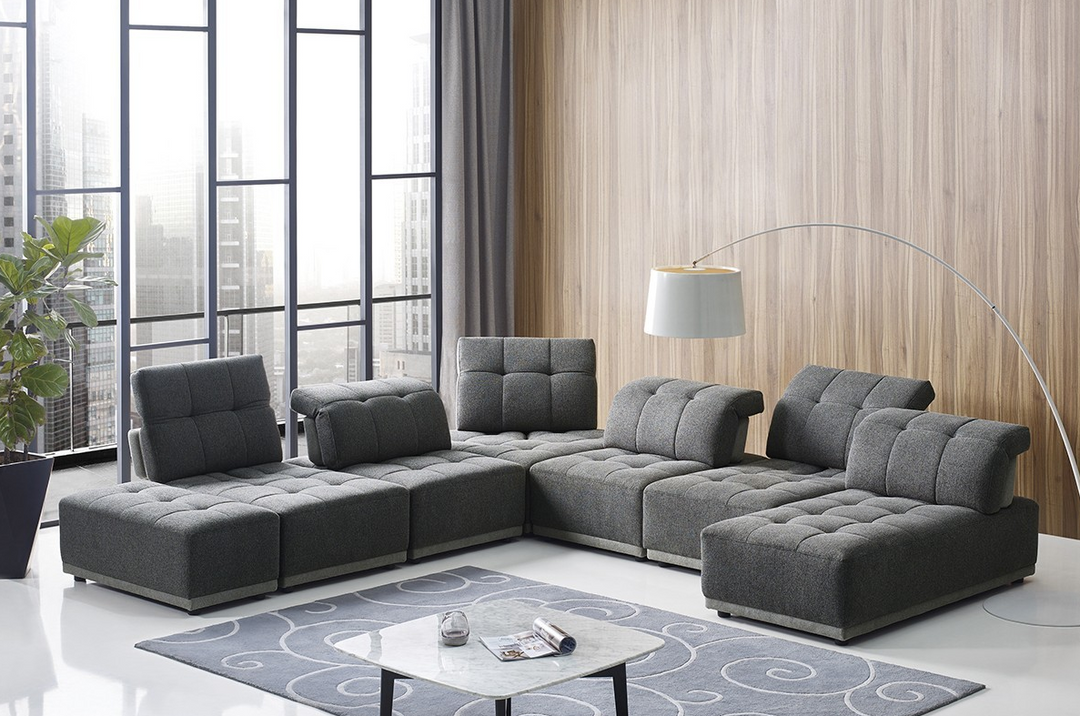 Boho Aesthetic Modern Gray 7 Seat Modular U Shaped Seven Piece Corner Sofa Sectional | Biophilic Design Airbnb Decor Furniture 