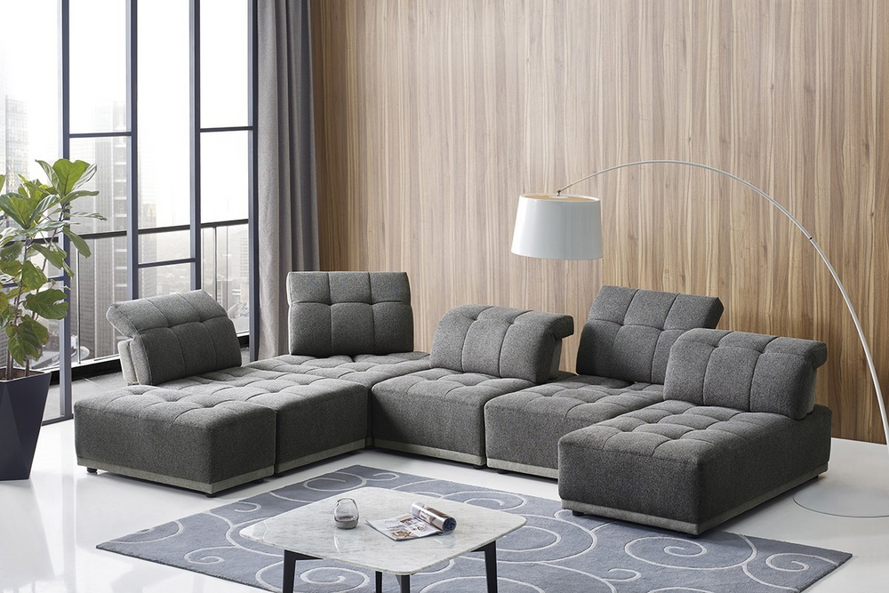 Boho Aesthetic Modern Gray 7 Seat Modular U Shaped Seven Piece Corner Sofa Sectional | Biophilic Design Airbnb Decor Furniture 