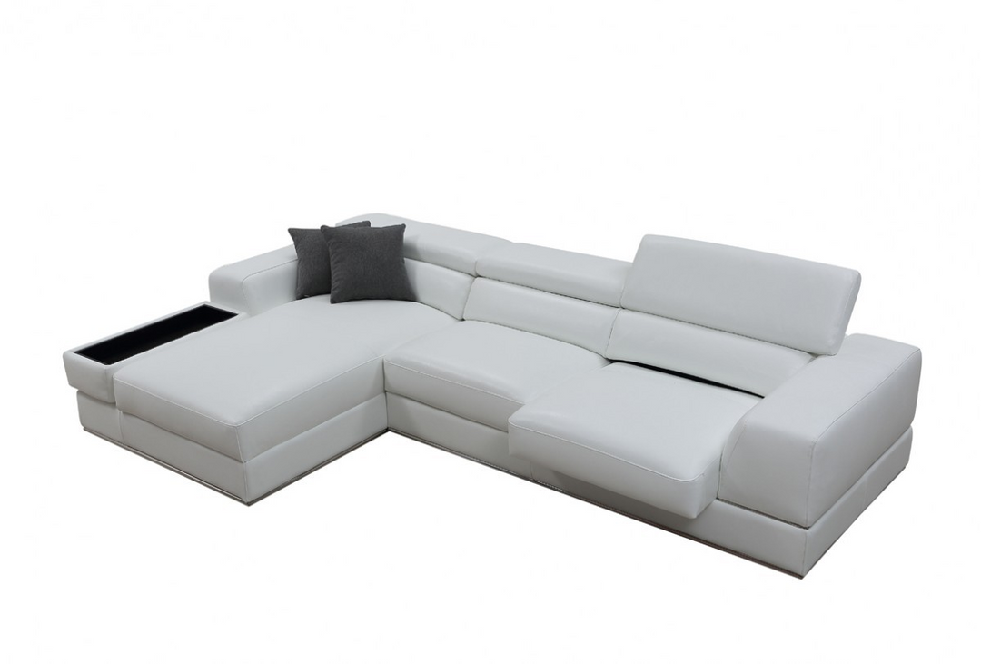 Boho Aesthetic White Modern Genuine Italian Leather L Shaped Two Piece Sofa and Chaise Sectional With Console | Biophilic Design Airbnb Decor Furniture 