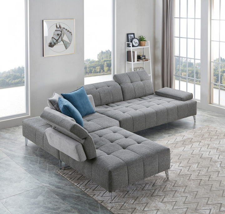 Boho Aesthetic Large Gray Modular L Shaped Three Piece Corner Sofa Sectional | Biophilic Design Airbnb Decor Furniture 