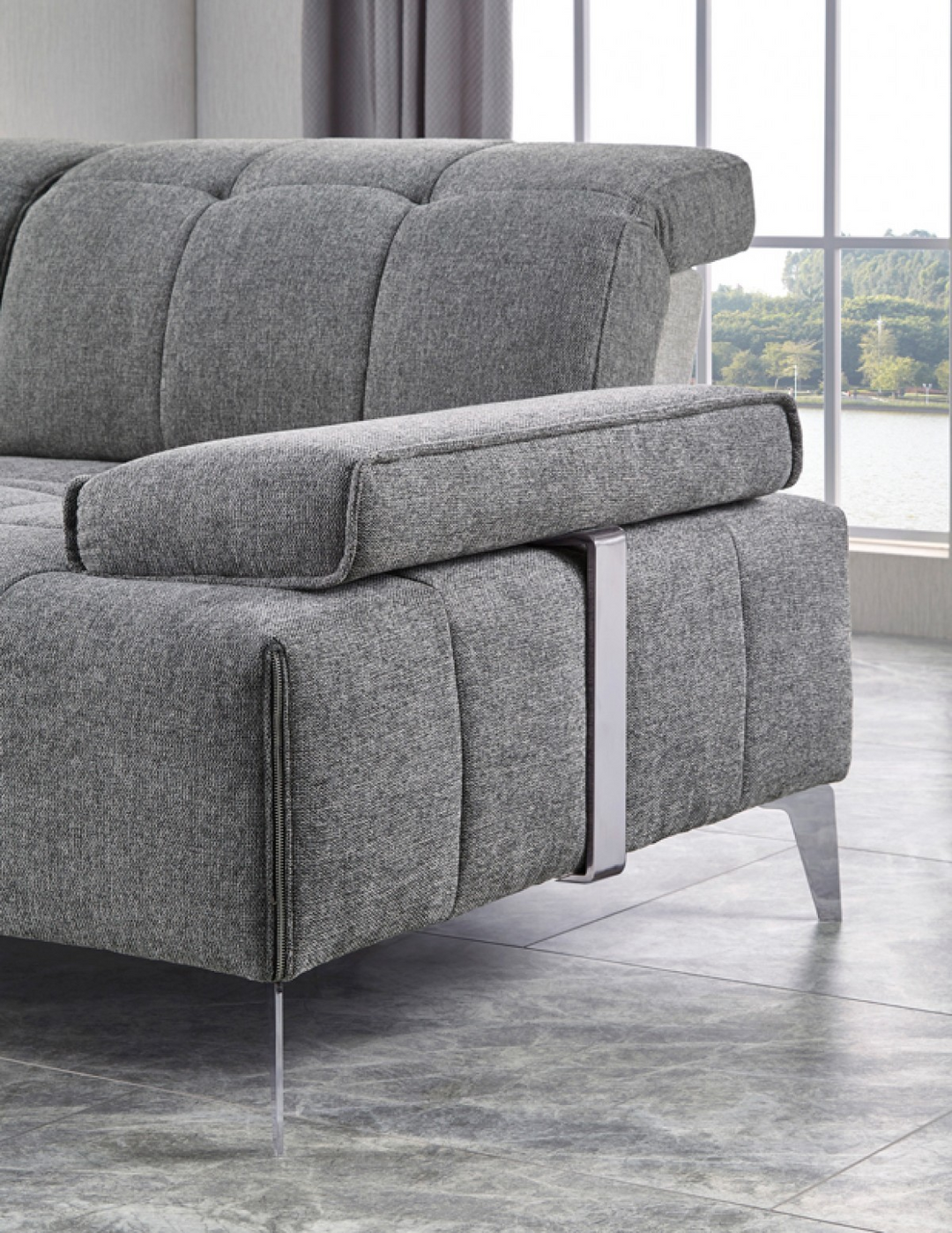 Boho Aesthetic Large Gray Modular L Shaped Three Piece Corner Sofa Sectional | Biophilic Design Airbnb Decor Furniture 