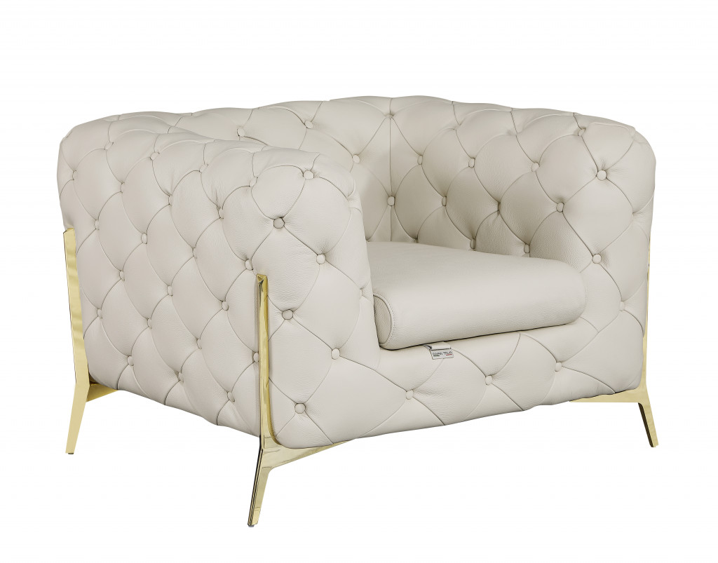 Boho Aesthetic "Glam Beige and Gold Tufted Leather Armchair" | Biophilic Design Airbnb Decor Furniture 