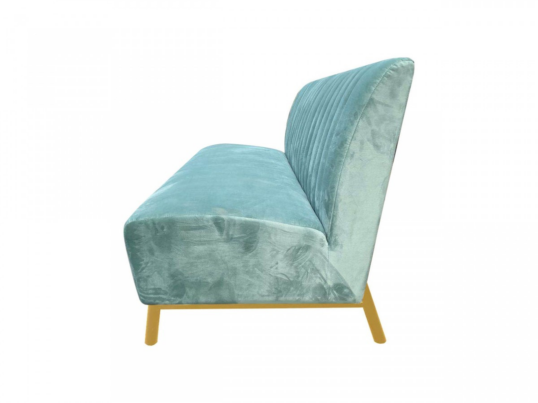 Boho Aesthetic Le Nîmes | Stylish Modern Italian Light Green Fabric And Gold Sofa | Biophilic Design Airbnb Decor Furniture 