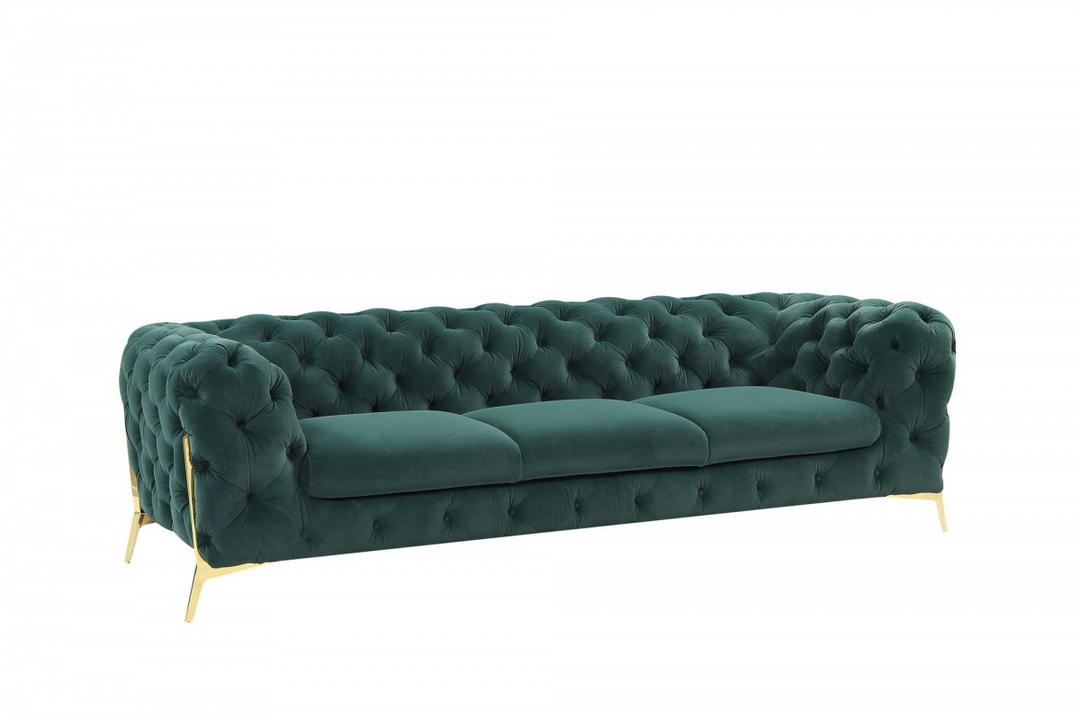 Boho Aesthetic "97"" Green Velvet Sofa With Gold Legs" | Biophilic Design Airbnb Decor Furniture 